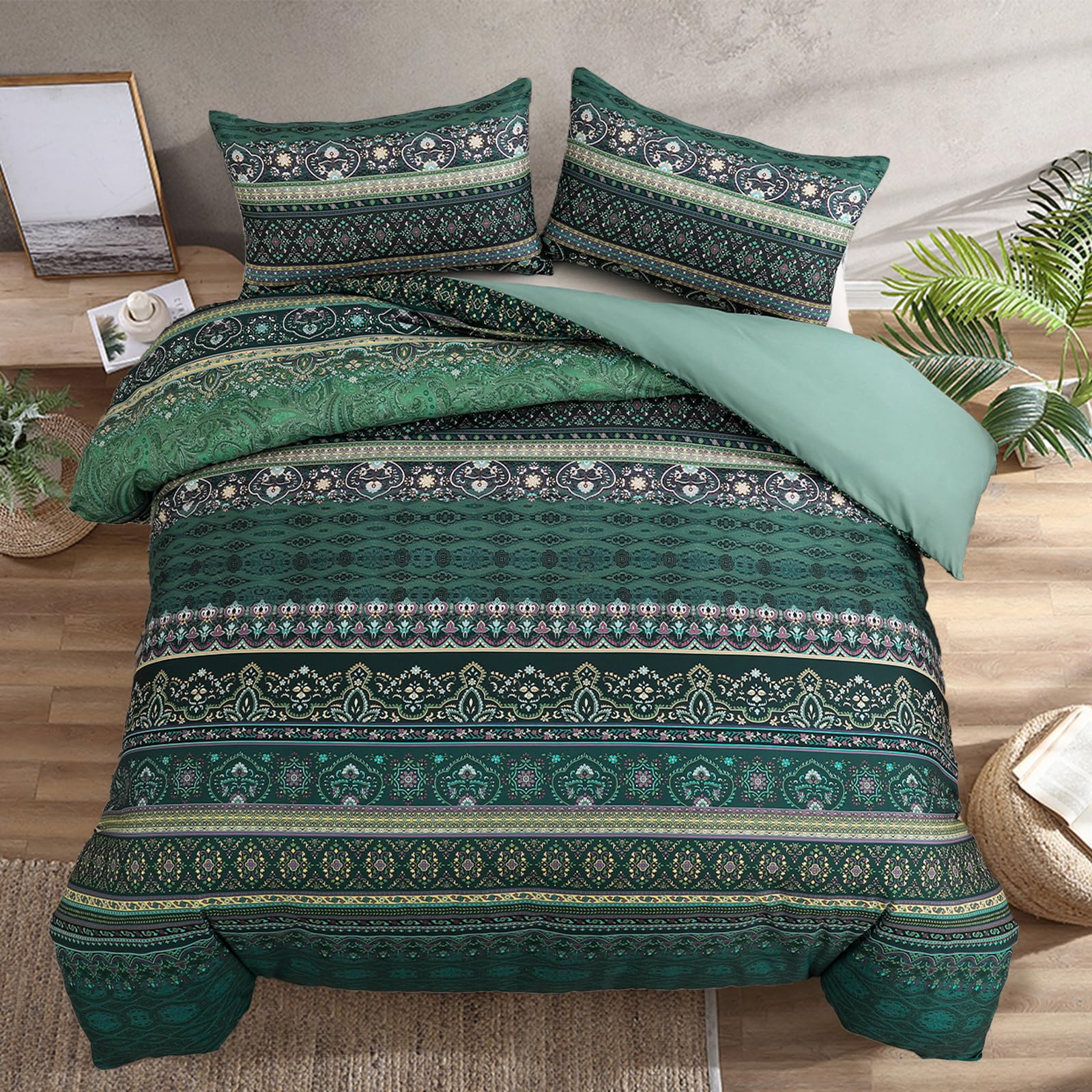 King Size Bohemian Duvet Cover Green Colorful Boho Bedding Set with 2 Pillowcases Soft Microfiber Moroccan Bed Cover 220cm X 230cm