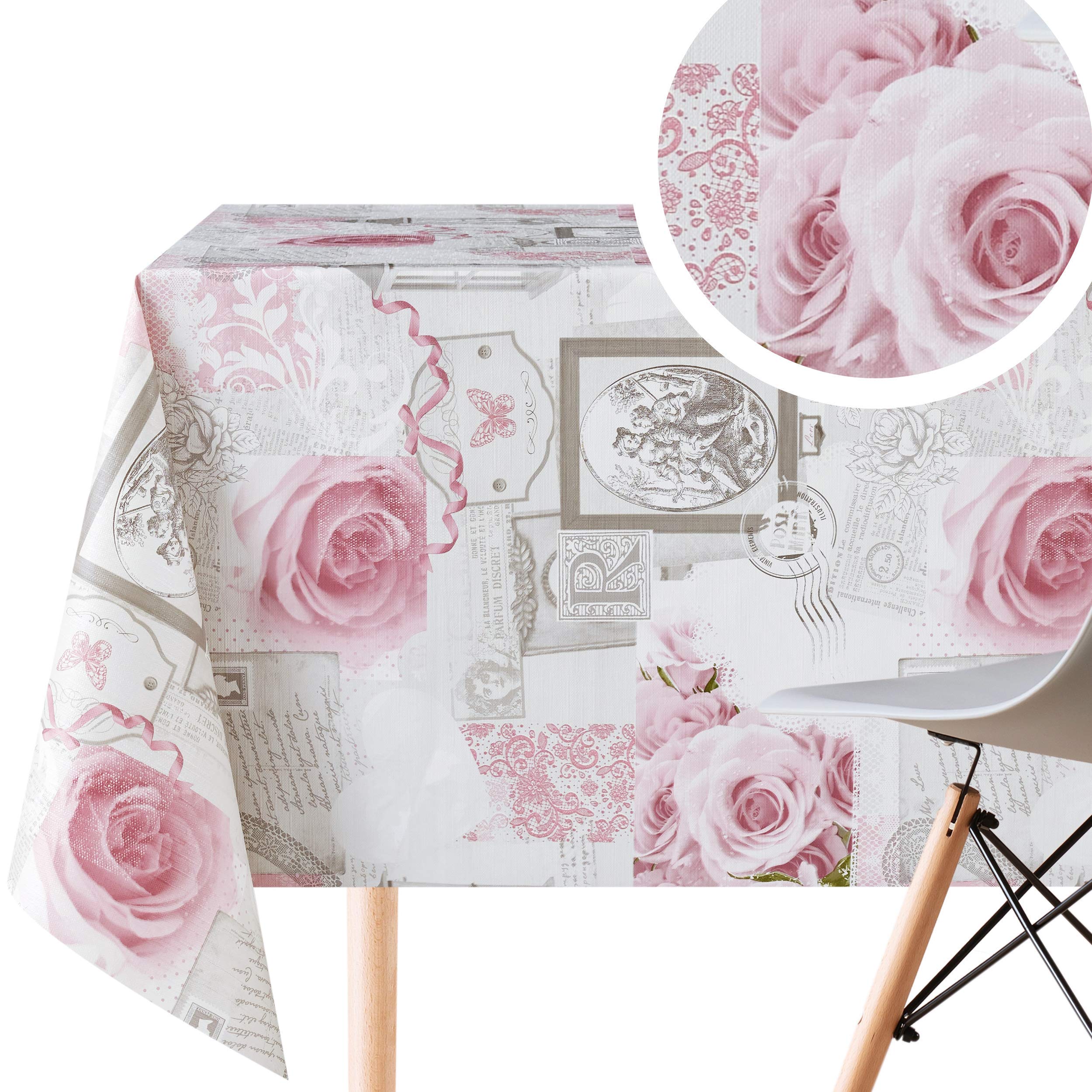 KP HOME PVC Wipe Clean Table Cloth Rectangular 250x140 cm / 98x55 In –Wipeable Tablecloth up to 8 Seats - Waterproof Vinyl Oilcloth Luxury Grey English Roses Pattern in Dusty Pink