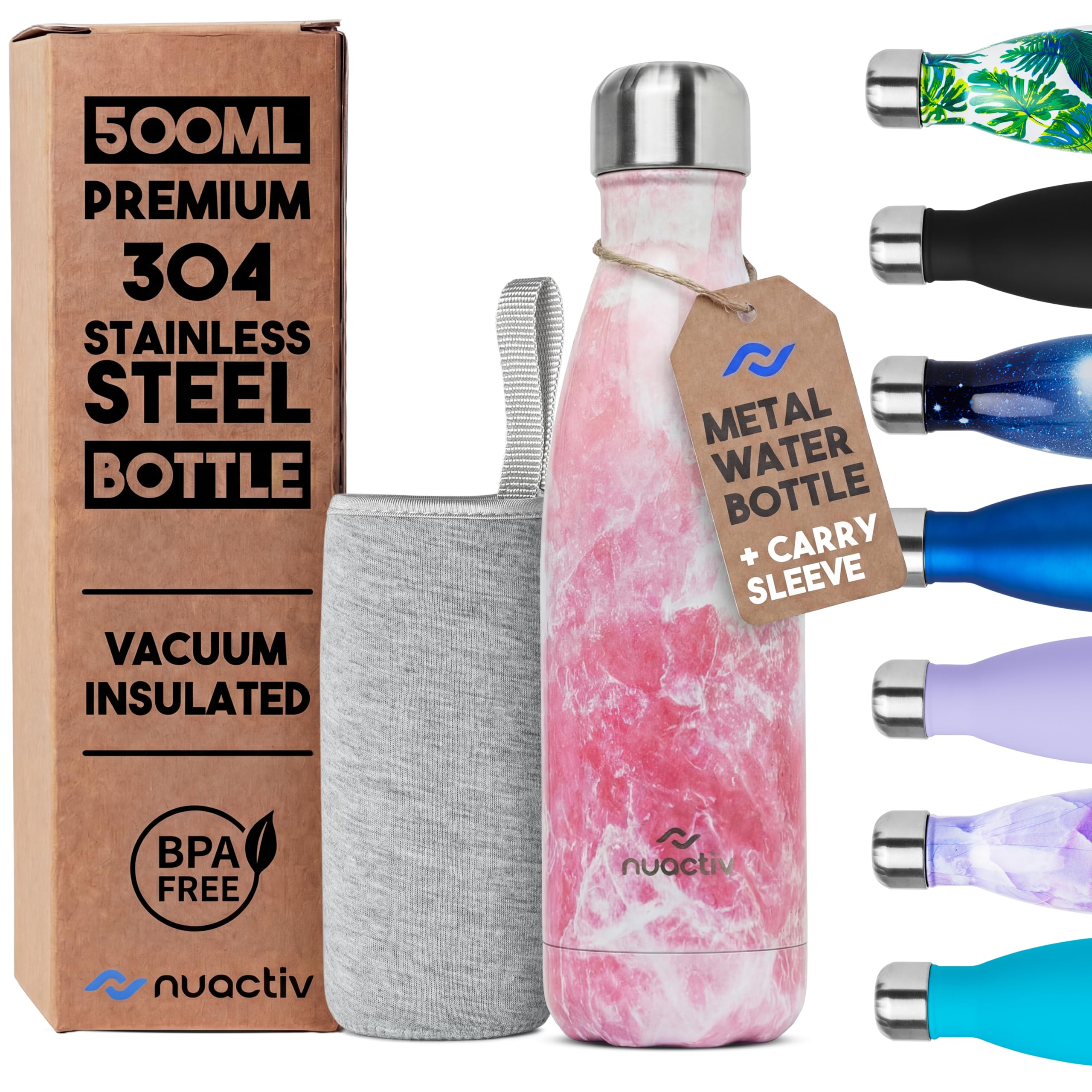 Nuactiv Stainless Steel Water Bottle 500ml, Vacuum Insulated Metal Flask, Leakproof, BPA Free, Reusable Sports Flask, Keeps Drinks Cold 24h & Hot 12h, for Gym, Travel, Work & School