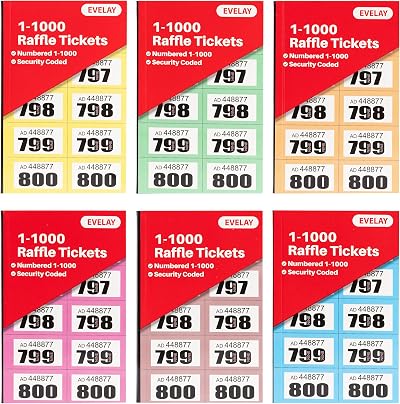 evelay Raffle Ticket 6 Books 1-1000 Perforated Mixed Colours Cloakroom