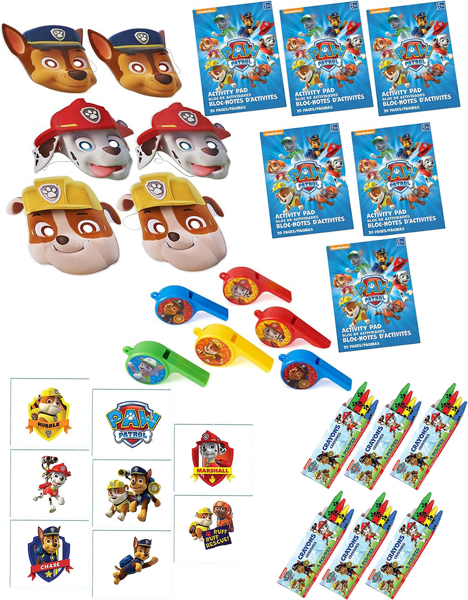 32 Pc Paw Patrol Party Favors Set | Includes: Paper Masks, Crayons, Mini Activity Books, Tattoos & Whistles