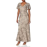 Alex Evenings Womens Long Length A-line Sequin Lace V-Neck Mother of The Bride Dress, Formal Event Gown with Short Sleeves