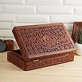 Ajuny Wooden Handcarved Decorative Jewelry Storage Box Flower Design Multipurpose Treasure Chest Keepsake Organizer Necklaces Watch Boxes Great for Gifts 8x5 Inch