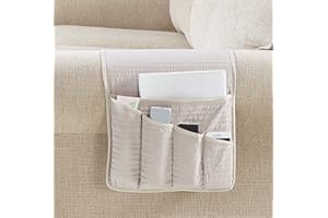 Brilliant Sunshine Premium Beige Sofa Armrest 5 Pockets Organizer, Couch Recliner Chair Caddy, 1/2" Channel Quilted, Washable Remote Controls Holder, Storage for Magazine, Tablet, 35×13", Light Beige