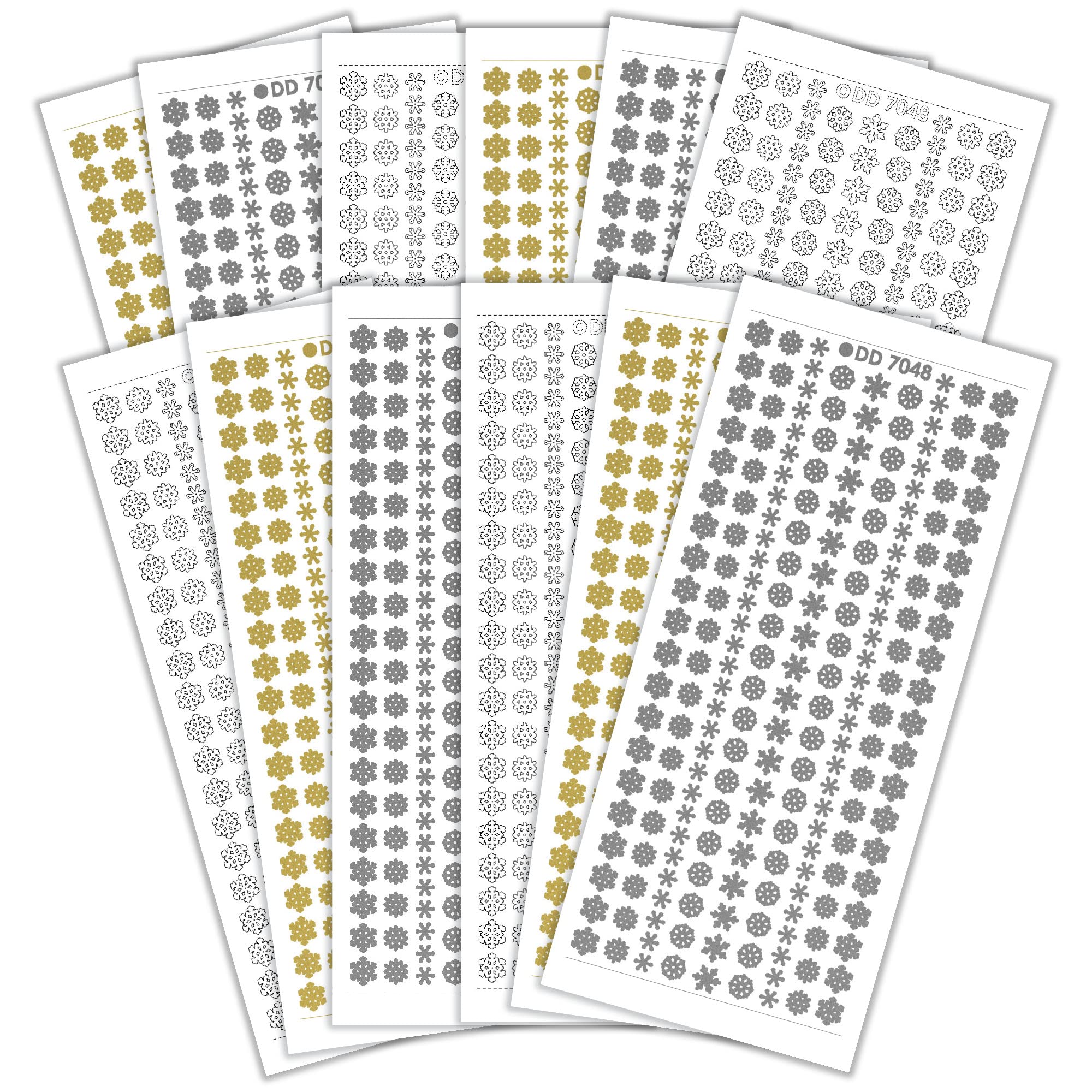 Bumper Pack of 12 Peel Off Stickers in Snowflake Design, 4 White, 4 Silver and 4 Gold. CPD 1035