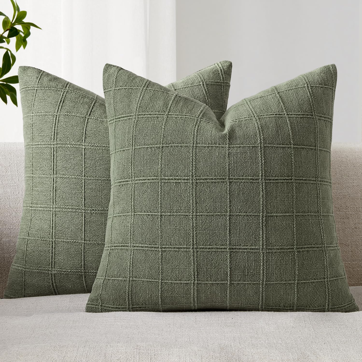 Photo 1 of Woaboy Linen Check Throw Pillow Covers Set of 2 - Light Olive Green Farmhouse Modern Boho Vintage Christmas Decorative Cushion Covers for Sofa Couch Bedroom Living Room Decor 20x20 Inch