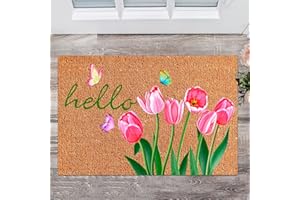 Ceenna Spring Welcome Doormat Tulip Butterfly Coir Doormat with Non Slip Backing February Romantic Mat Front Porch Rugs for Home Entrance Anniversary, 16 x 24 Inches