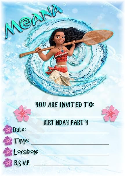 Lot De 12 Cartes D Invitation Pour Fete D Anniversaire Moana De Disney Entouree D Eau Format A5 Amazon Fr Fournitures De Bureau