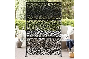JoanKaren Freestanding Metal Privacy Screen for Patio, 183x120cm Decorative Outdoor Divider with Stand, Weatherproof Leaf Des