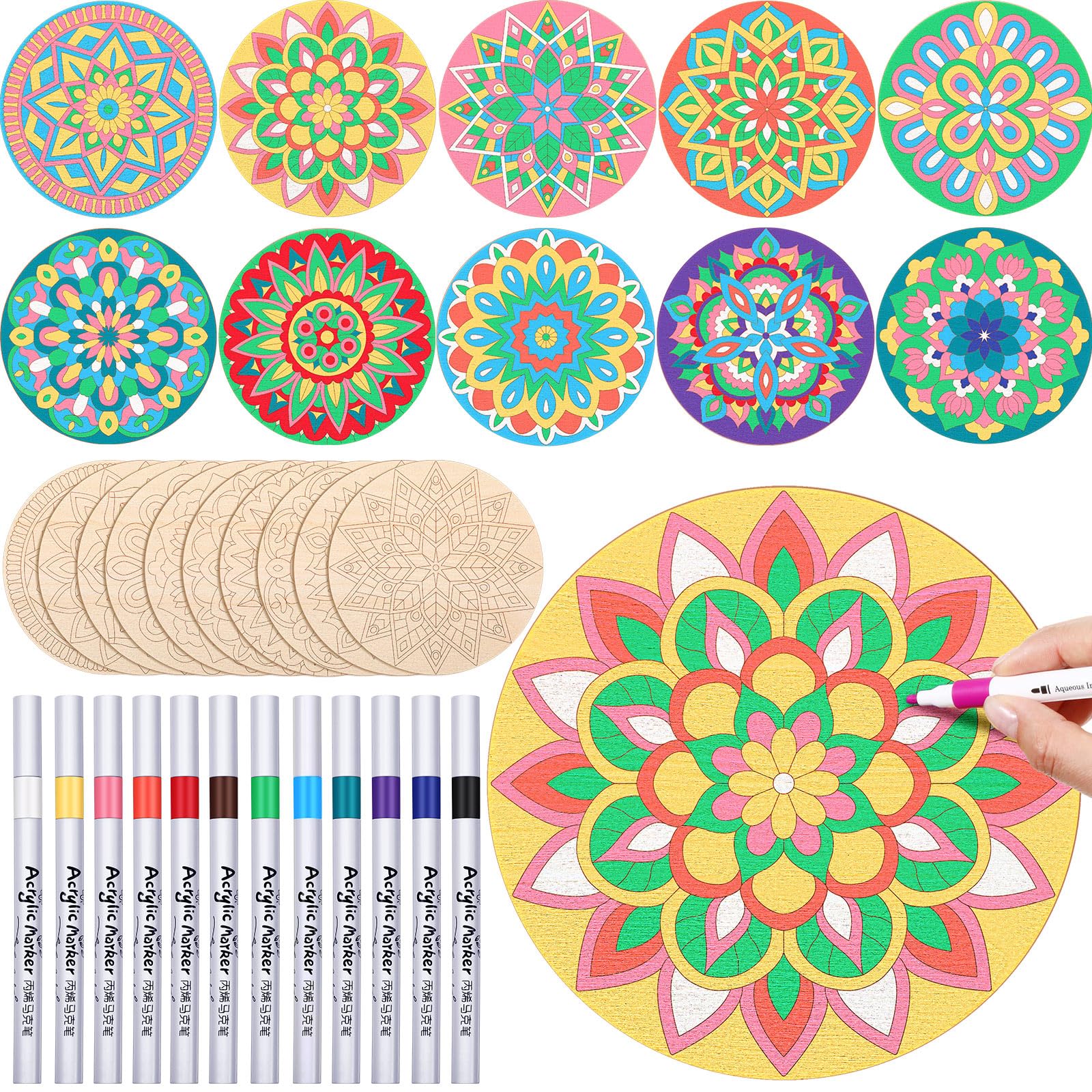 Photo 1 of Vercraft 22 Pack DIY Wooden Mandala Art Set 10 Mandala Unfinished Wood Cutouts 12 Markers Lotus Flower Wood Painting Kits for Adults Painting, DIY Crafts Home Decors(Abstract Style)