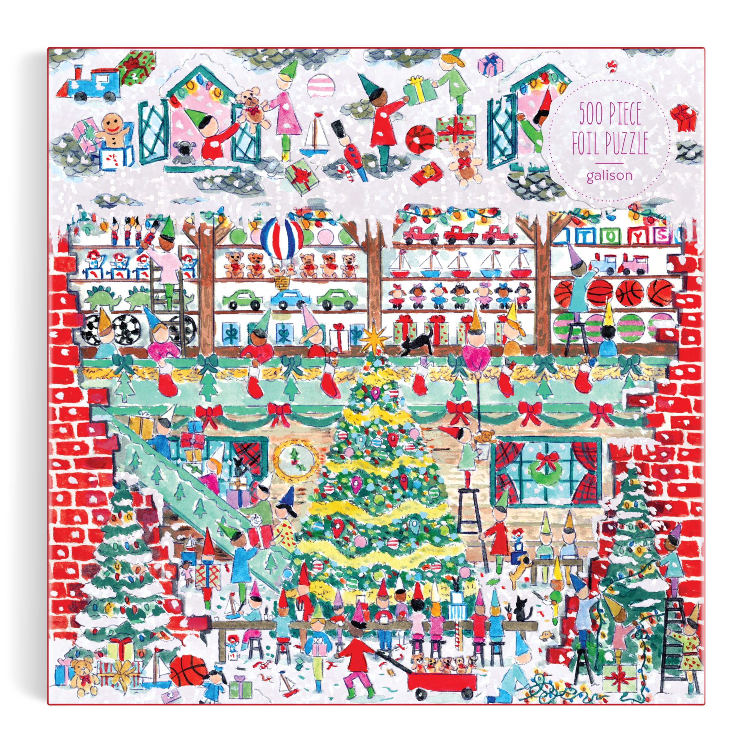 Galison Toy Workshop – 500 Piece Michael Storrings Foil Jigsaw Puzzle Featuring Beautiful Artwork of A Christmas Toy Workshop with Frosty Foil Accents