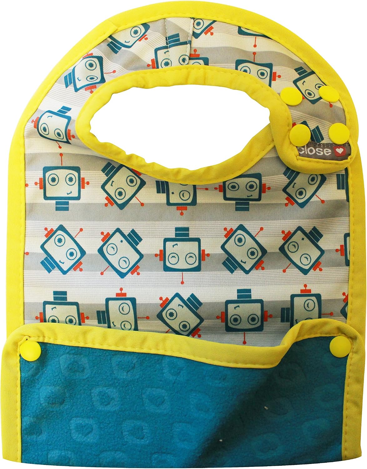 Close Pop-in 6plus Months Old Baby Dribble Bibs Unisex Waterproof Stain Resistant Simply Wiped Clean Robot Print