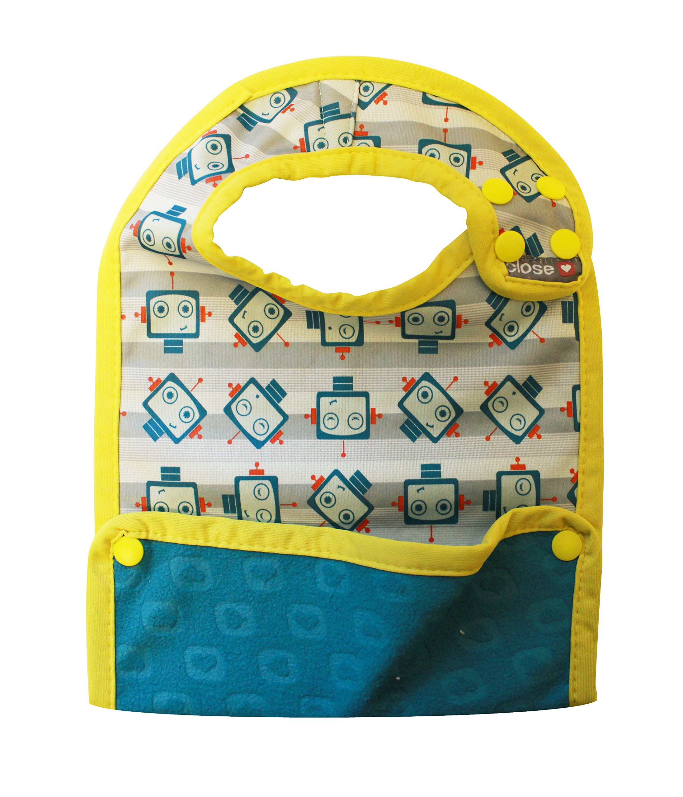 Close Pop-in 6plus Months Old Baby Dribble Bibs Unisex Waterproof Stain Resistant Simply Wiped Clean Robot Print