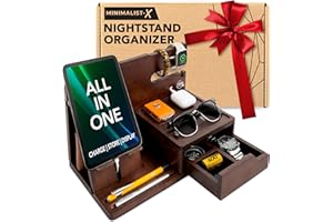 EcoLeafy Dot Nightstand Organizer- Bedside Docking Station for Men- Unique Gifts for Husband, Father or Dad from Wife, Son or Daughter- Desk Organizer for Phone, Watches, Wallet & Accessories (Brown)