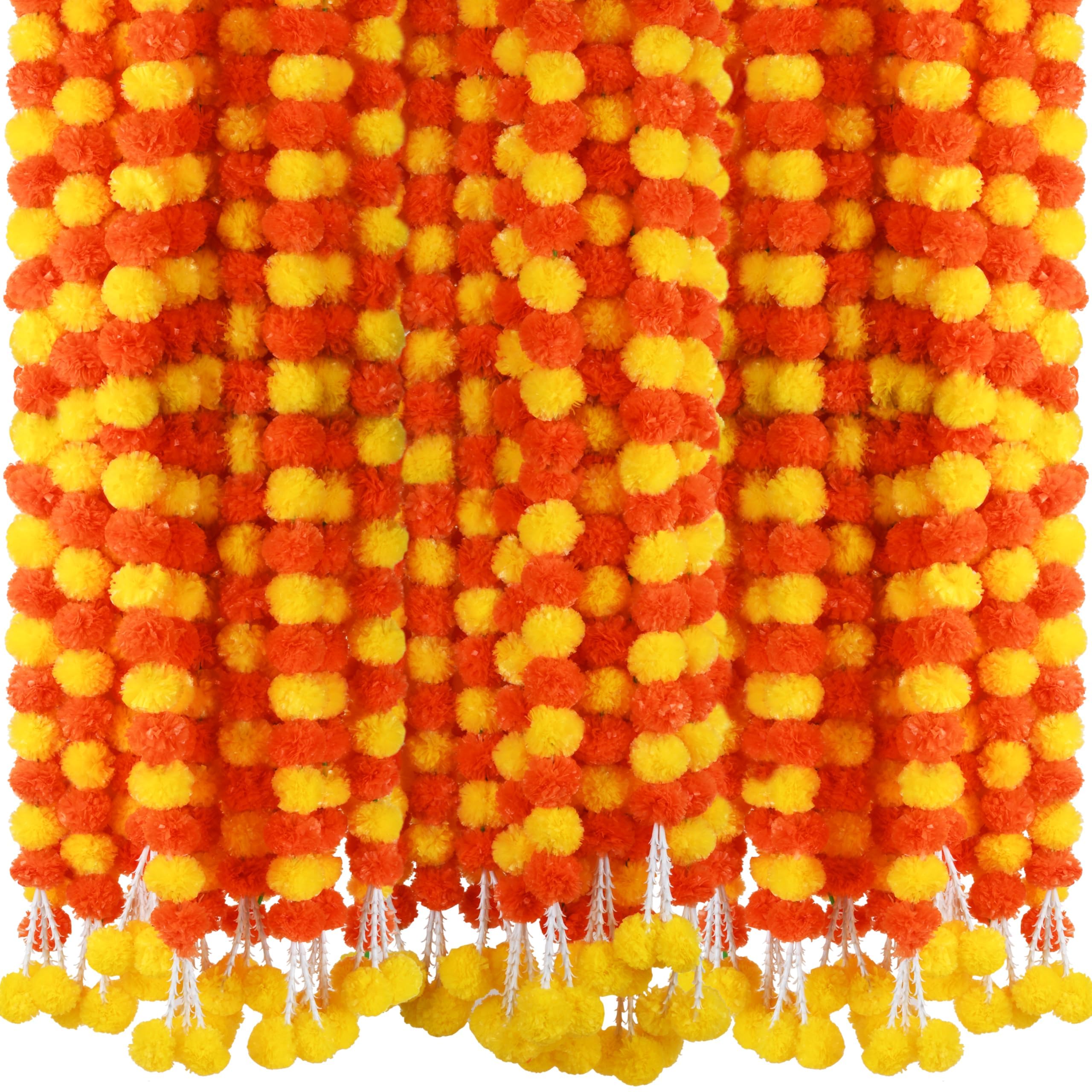 Photo 1 of 6 Pcs 5 Feet Long Strands Marigold Flowers Garland with Pendant Indian Wedding Decoration Artificial Decorations for Altar Faux Flower for Diwali, Pooja, Bush Floral Party (Dark Orange, Yellow)