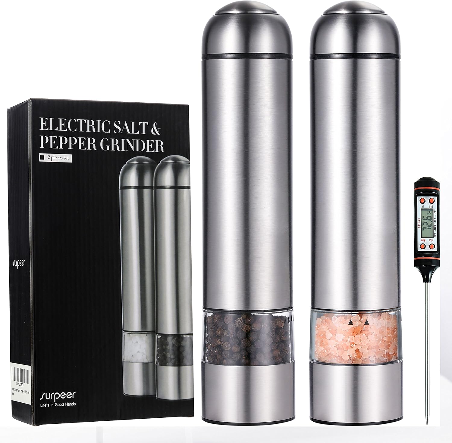 Salt and Pepper Shakers, SURPEER Electric Adjustable Pepper Grinder with Strong