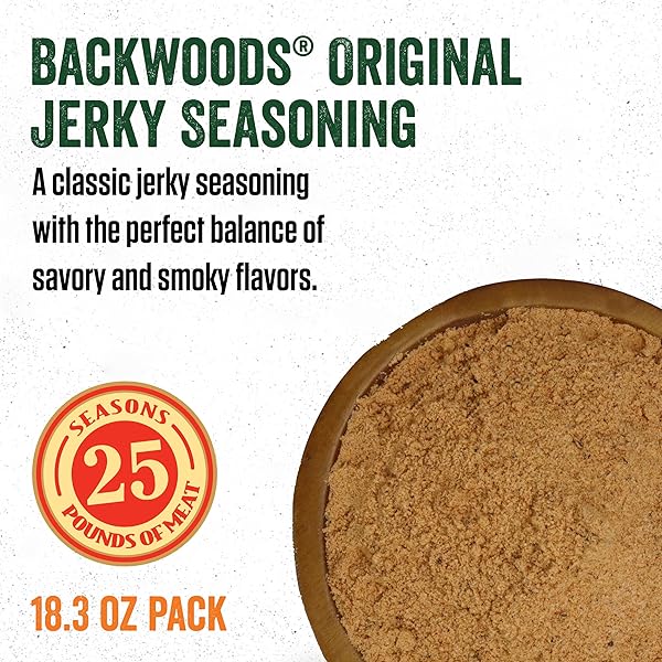 LEM PRODUCTS BACKWOODS ORIGINAL JERKY SEASONING, IDEAL FOR WILD GAME AND DOMESTIC MEAT, SEASONS UP TO 25 POUNDS OF MEAT, 18.3 OUNCE PACKET WITH PRE-MEASURED CURE PACKET INCLUDED
