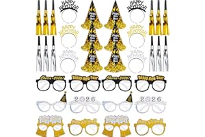 Leadinor New Years Eve Party Supplies Decorations 2026, 36pcs Headband Noise Makers Party Favors Happy New Year Cone Hats Cheers Glasses for New Years Eve