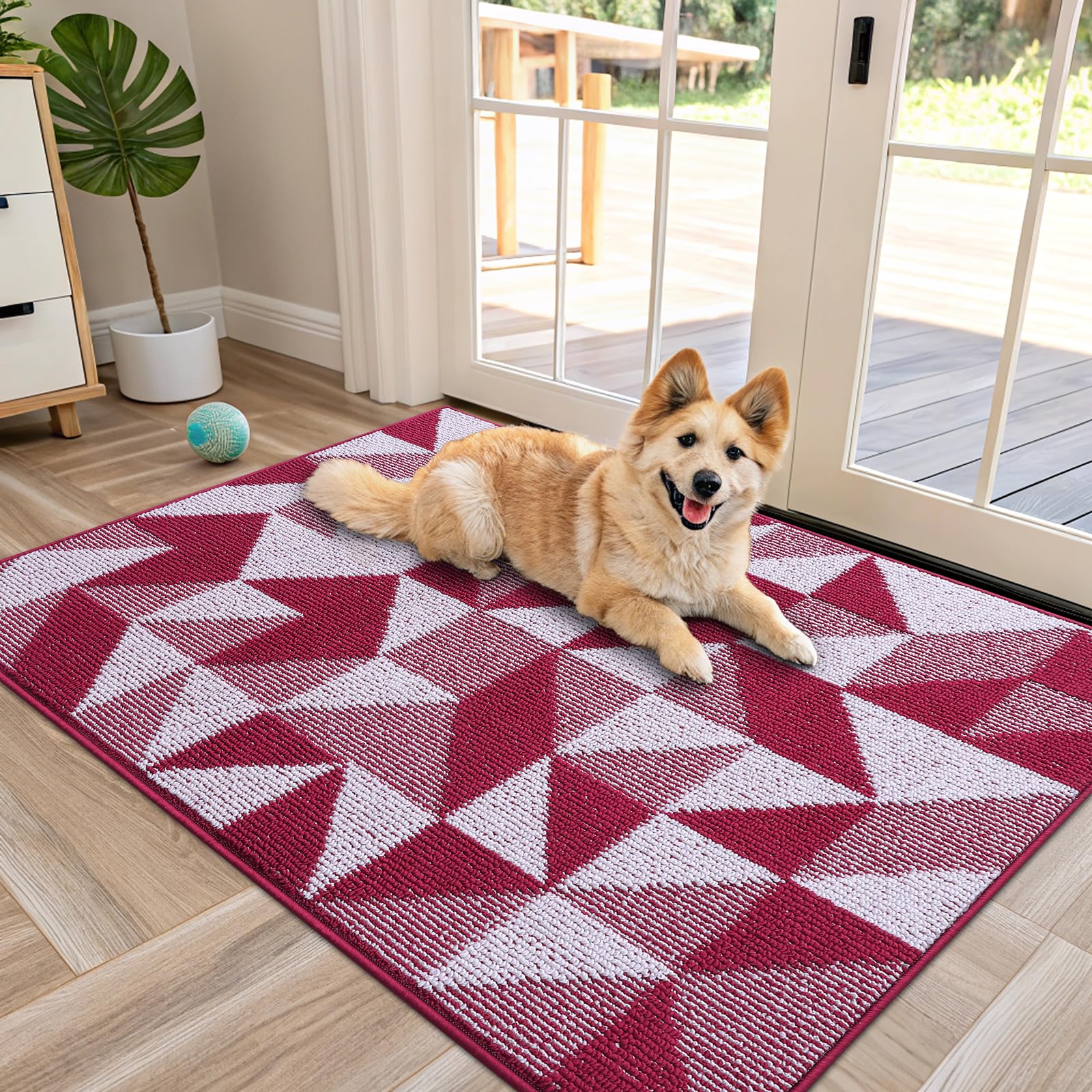 OLANLY Large Door Mat Indoor Entrance Washable 48x32, Odor-Free Low-Profile Front Back Geometric Doormat, Absorbent Resist Dirt Entry Carpet, Easy to Clean Sturdy Floor Mats for Entryway, Burgundy Image