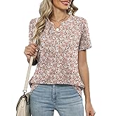 LOMON Womens Short Sleeve Tops Henley V-Neck T-Shirts Casual Pleated Blouses Dressy Loose Summer Clothes 2025 S-XXL