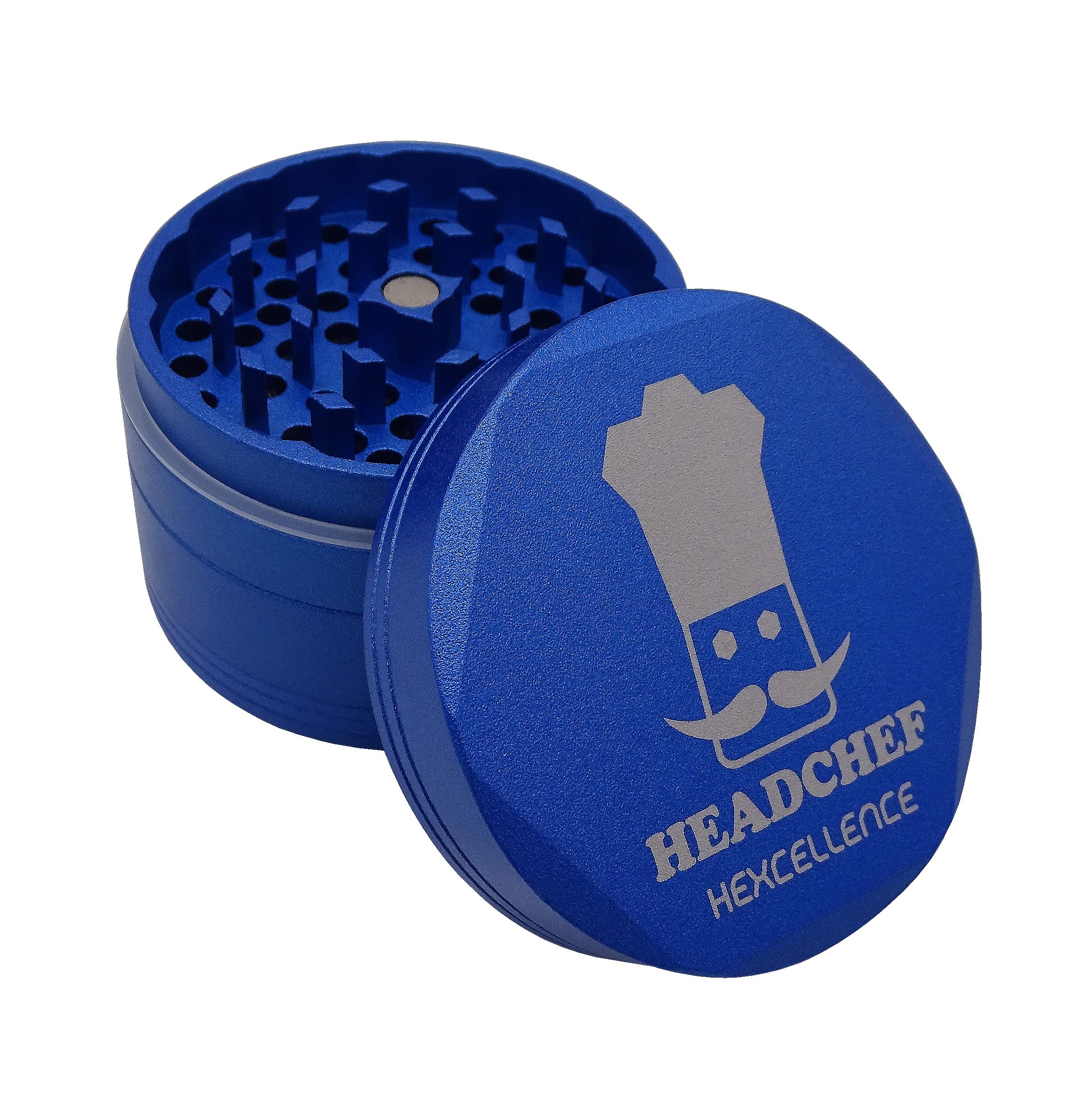 Headchef Hardcore Hexellence Ceramic Non-Stick Coated Metal Herb Grinder, 4 Piece, 62mm (Kiloton Blue)