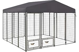 Yardenaler 10' x 10' x 7.5' Outdoor Dog Kennel, Heavy Duty Metal Dog Cage Dog Pen Enclosure House with Roof & Rotating Feeding Door