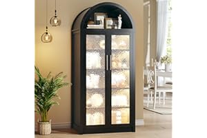 HUAHUU 71" Tall Arched Cabinet with 3 Color Lights, Kitchen Pantry Storage Cabinet with Glass Doors & Adjustable Shelves, Modern 6-Tier Display Cabinets for Living Room, Dining Room, Black