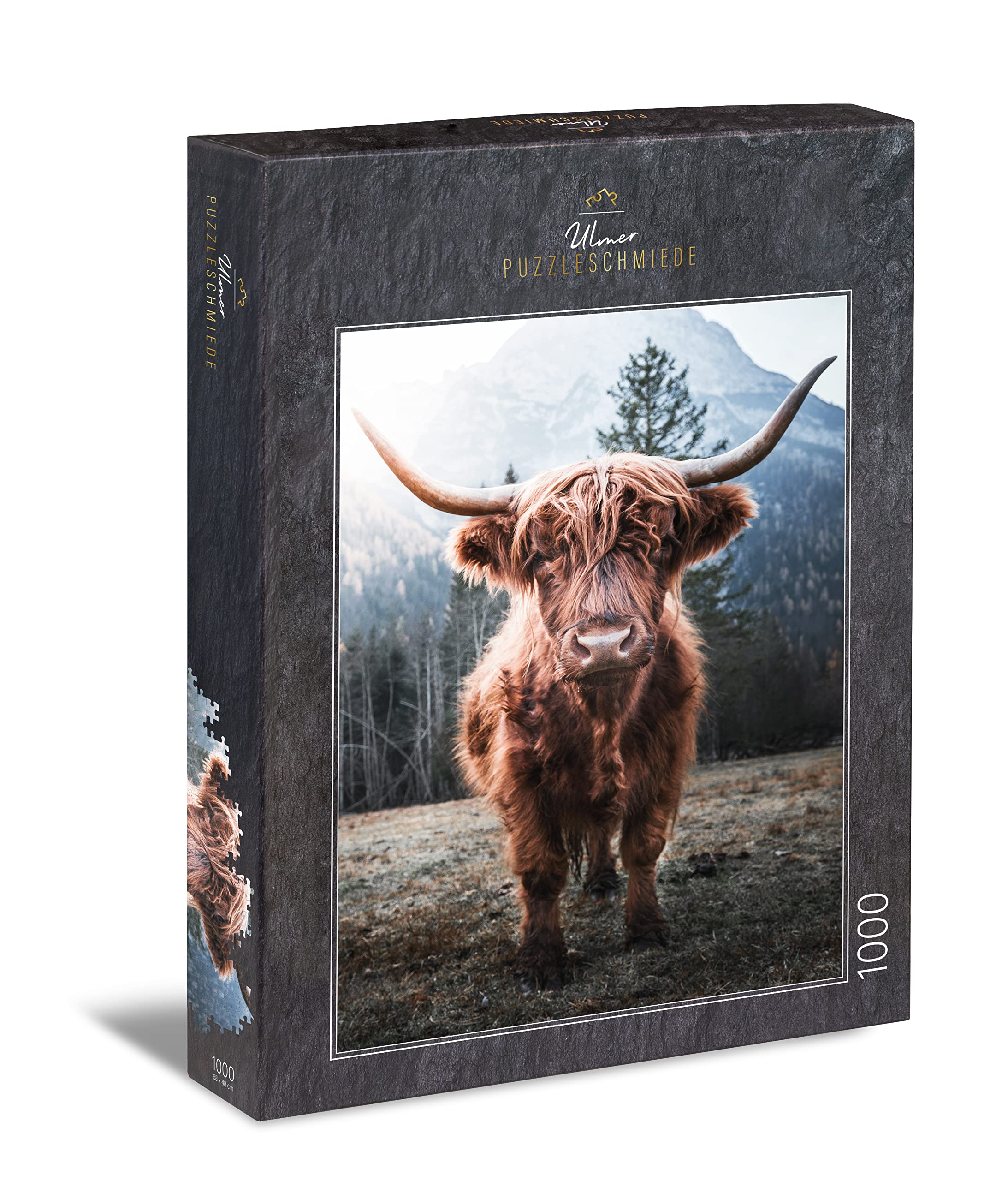 Ulmer Puzzleschmiede - Puzzle "Highland cattle" - 1000 pieces jigsaw puzzle - strong highland cattle in front of a cold alpine scenery
