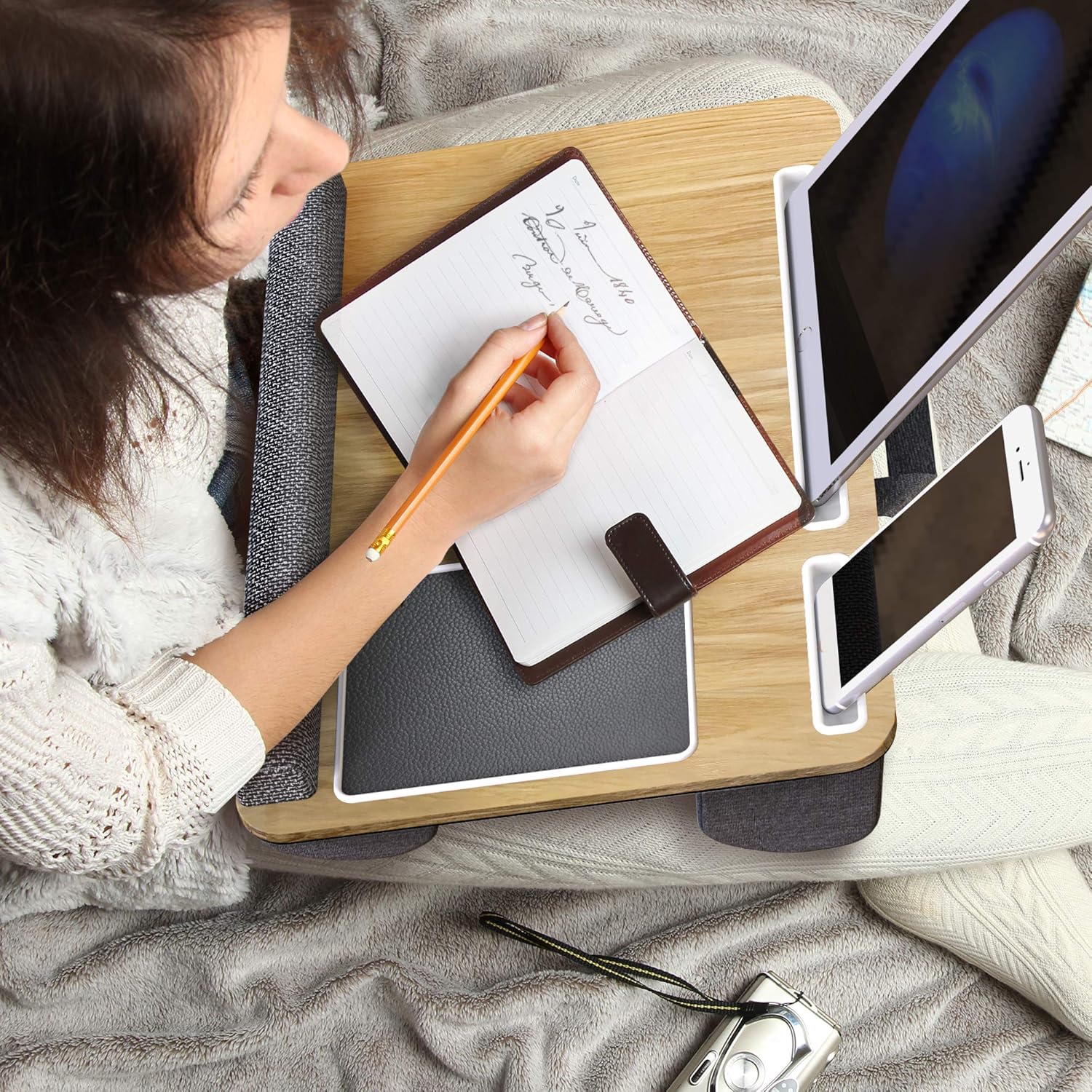 Lap Desk - Fits up to 17 inches Laptop Desk, Built in Mouse Pad & Wrist Pad for Notebook, MacBook, Tablet, Laptop Stand with Tablet, Pen & Phone Holder (Wood Grain) : Office Products