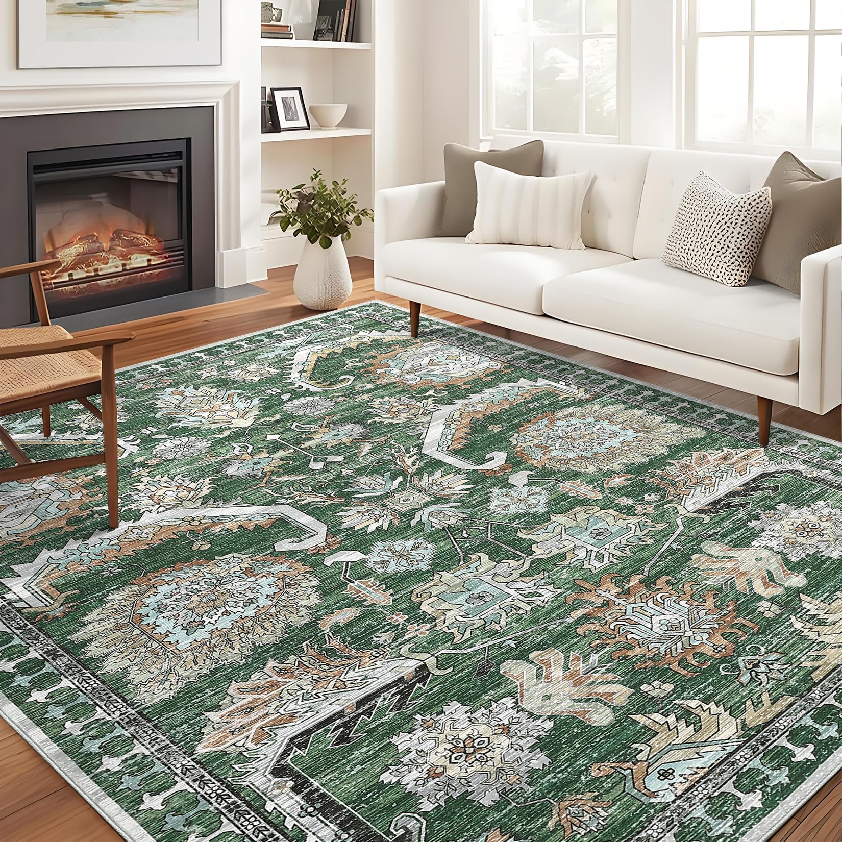 Photo 1 of Vintage 8x10 Washable Area Rugs for Living Room, Ultra-Thin Soft Large Indoor Rug for Bedroom Dining Room, Foldable Carpet with Non-Slip Backing, Green