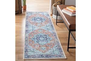 Bloom Rugs Washable Non-Slip 7 ft Runner - Peach/Blue Traditional Runner for Entryway, Hallway, Bathroom, and Kitchen - Exact Size: 2.5' x 7'