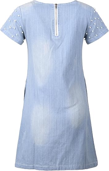 denim dress with pearls