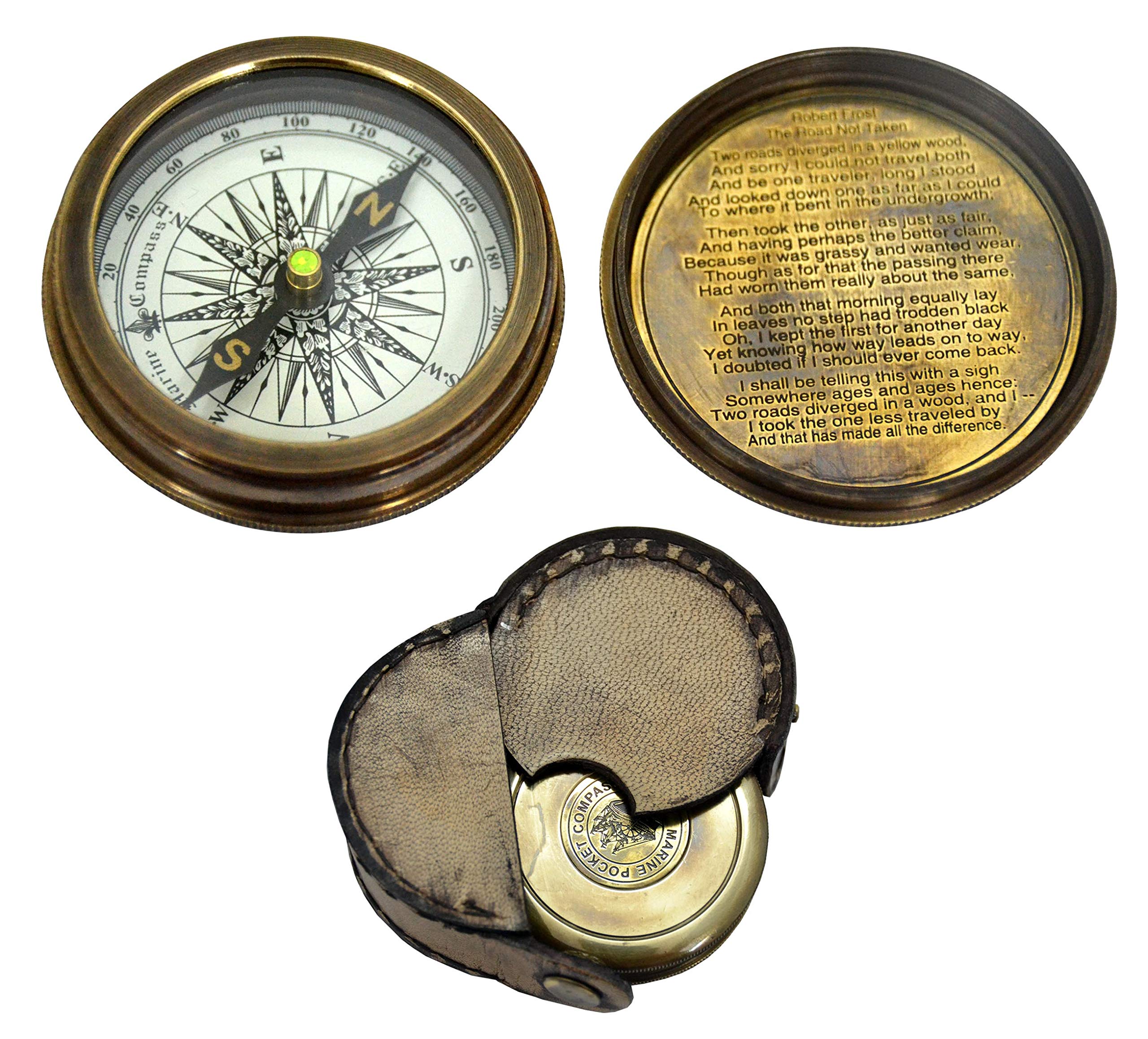 Robert Frost Poem Compass-Pocket Compass w Leather Case