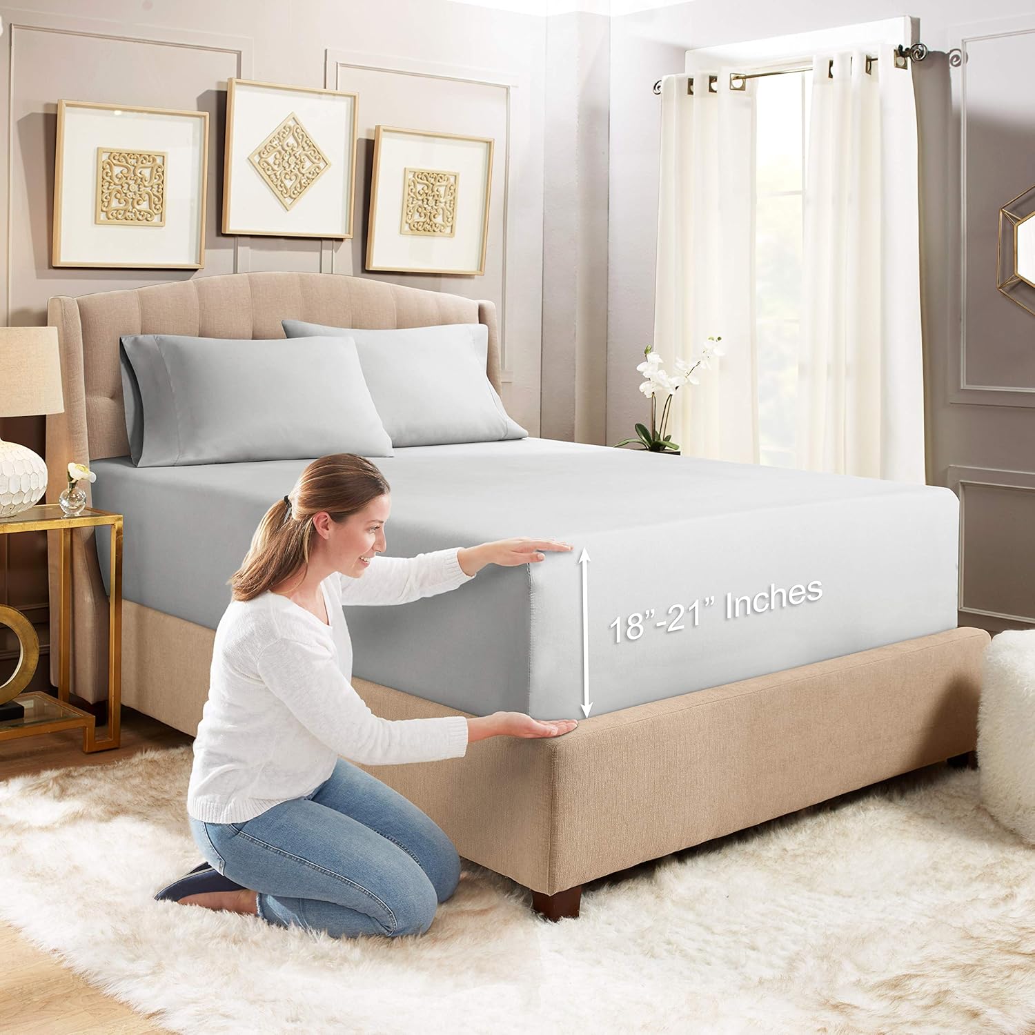 Empyrean Bedding Extra Deep Fitted Sheets King Size - 24" Extra Deep Fitted Sheets Set with 2 Pillowcases - 3 Piece Extra Deep Fitted Bed Sheet - Extra Deep King Fitted Bed Sheets - Silver Light Gray: Kitchen & Dining