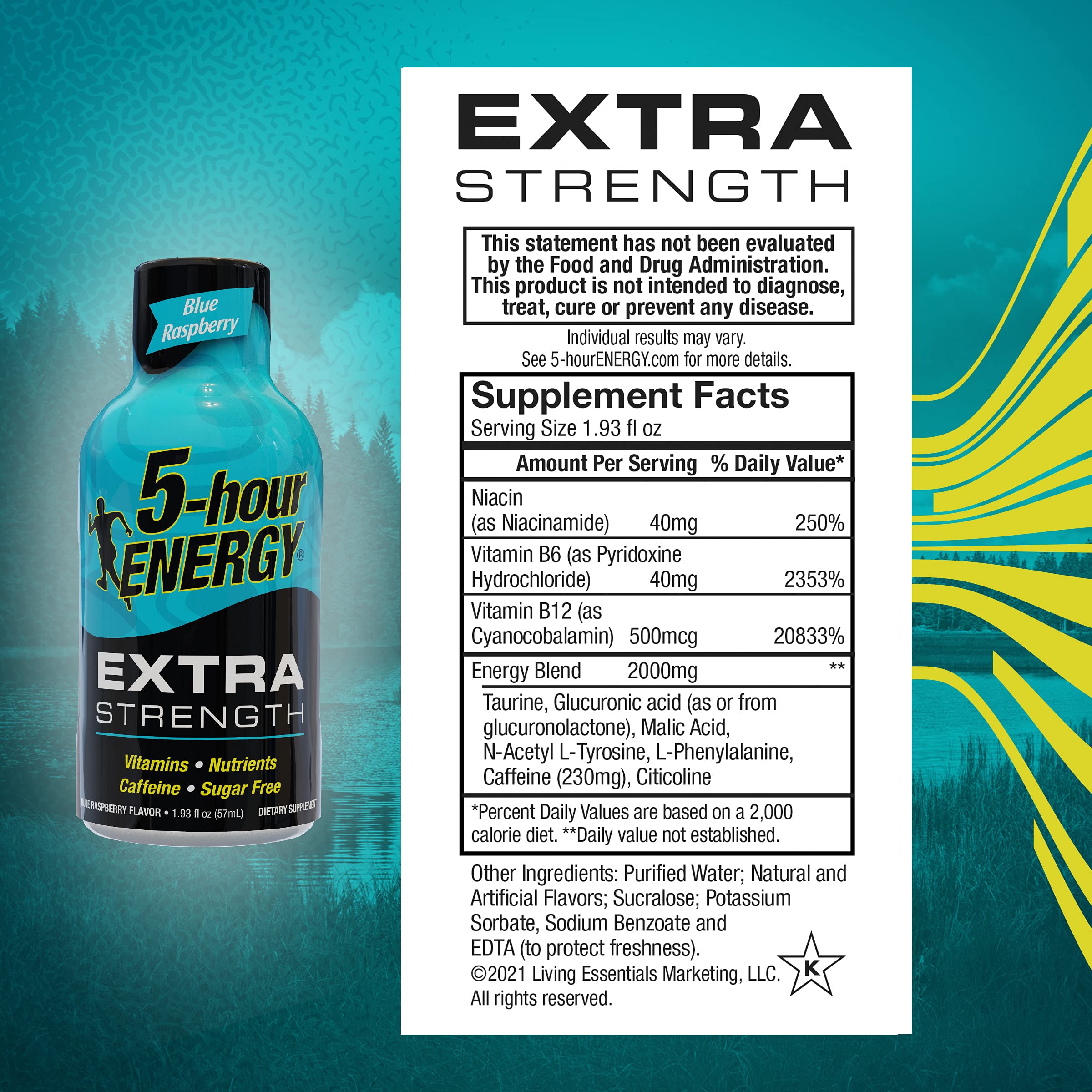 5-hour ENERGY Shots Extra Strength, Blue Raspberry Flavor, 30 Count, 1.93 Fl Oz, Sugar Free, Zero Calories, Amino Acids and Essential B Vitamins, Dietary Supplement, Feel Alert and Energized, 230 mg Caffeine