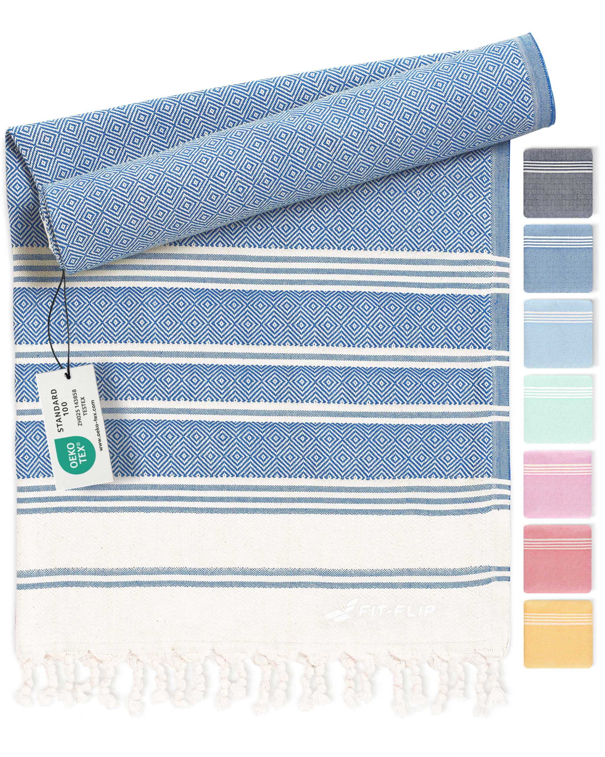 Fit-Flip Hammam Beach Towel XXL Made from 100% Cotton - Quick-Drying Turkish hamam Towels - Large fouta or pestemal Ideal as a Thin Sauna Blanket - Blue – 100x200cm Diamond