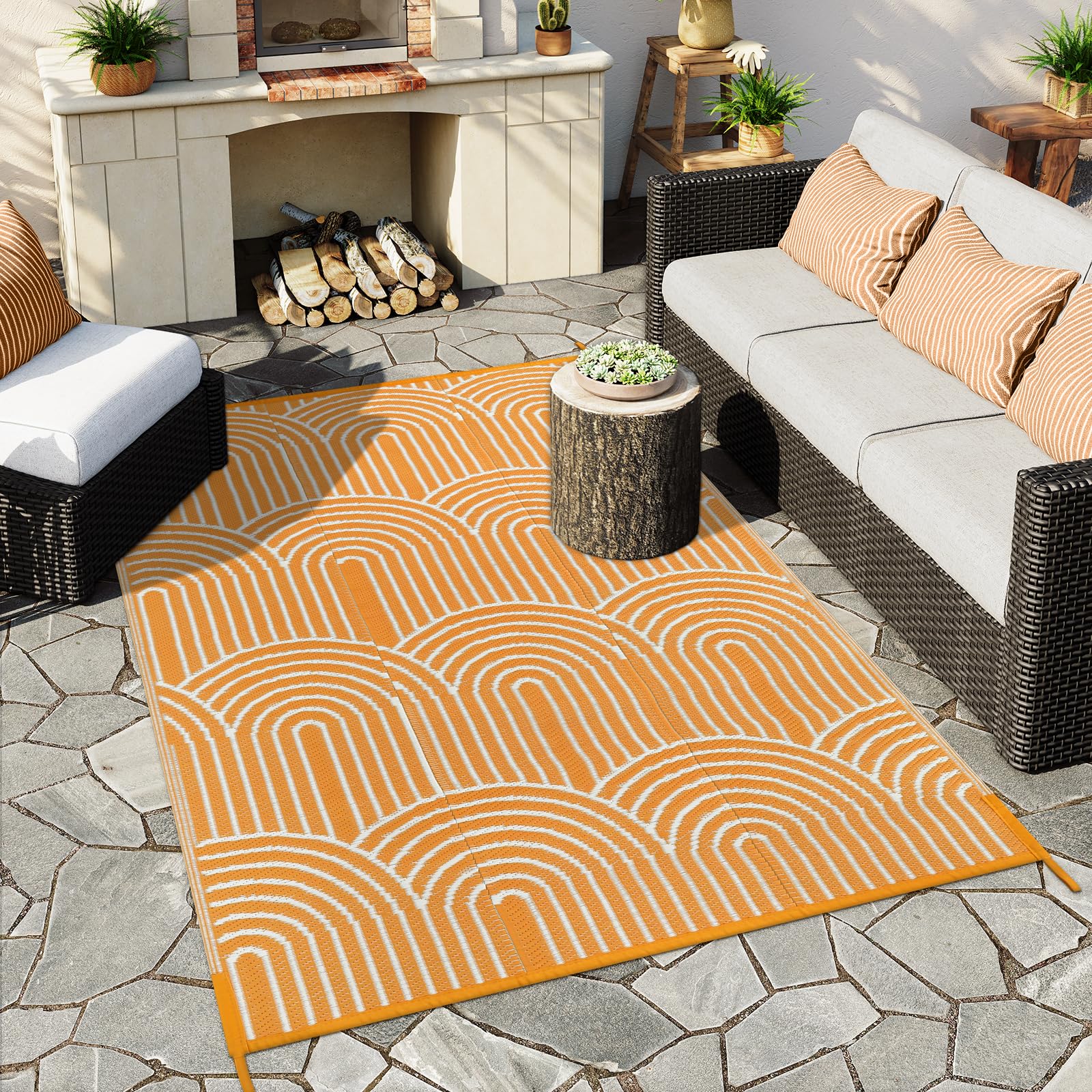 Photo 1 of Anidaroel Patio Rugs Outdoor 6’x9’ Clearance Waterproof, Reversible Rainbow Outdoor Plastic Straw Outside Rugs, RV Outdoor Rugs for Camping, Porch, Balcony, Backyard (Orange,6‘X9')