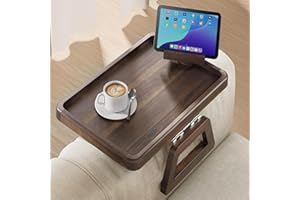 Tinamo Acacia Sofa Arm Tray, Couch Armrest Table with 360° Phone Holder - Armchair Caddy, 2-in-1 Couch Holder Tray - Sofa Arm Table for Home Living Room - No Assembly Required (Walnut Color)