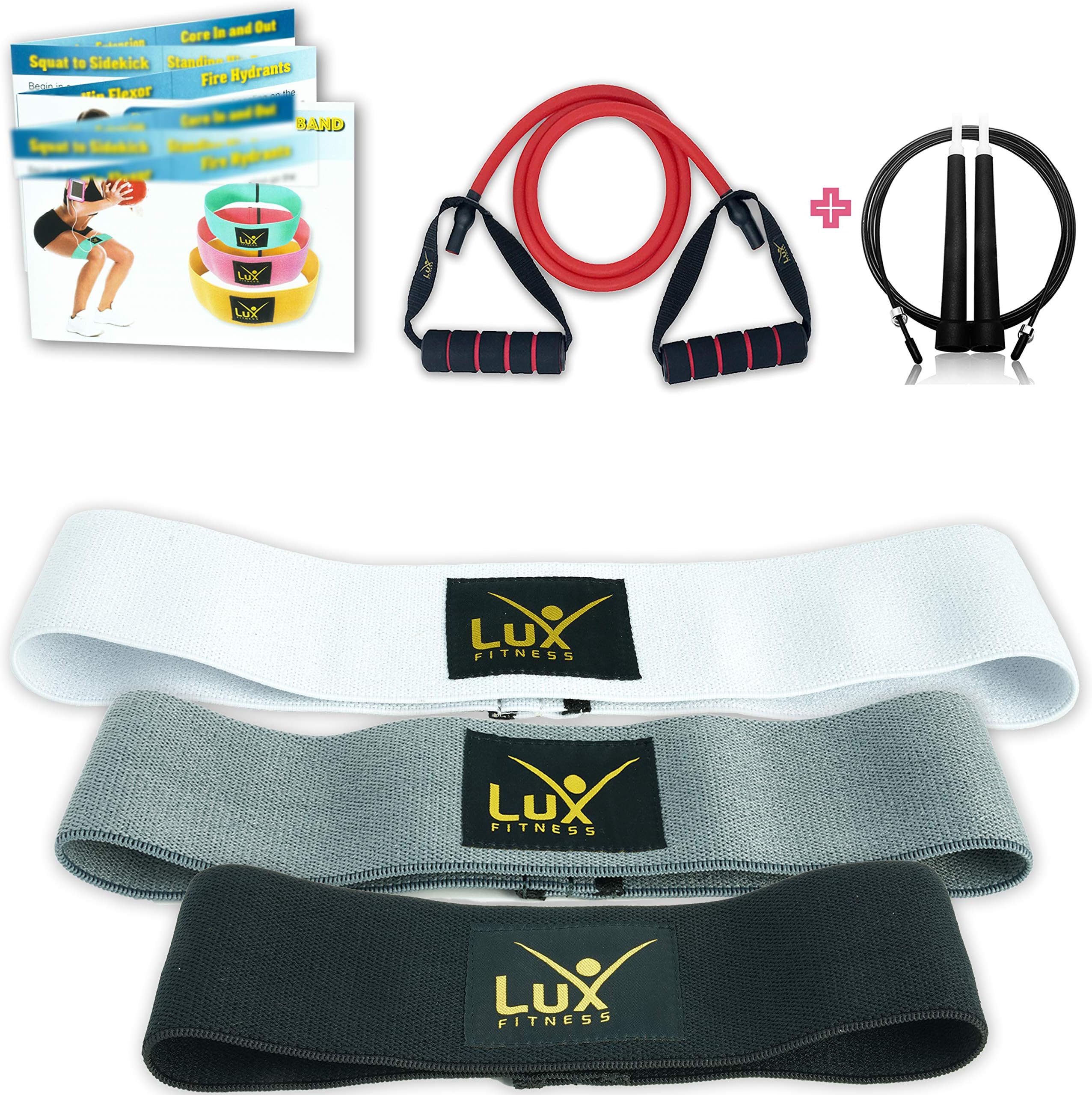 Lux Fitness Booty Resistance Bands Loop Hip Exercise Workout – Set of 3 Stretchable Elastic Thick Loop Bands for Butt, Leg and Thigh, for Men, Women, Free Tube Resistance Band + Jumprope