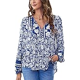 Escaco Women's Floral Print Tops Casual Boho V Neck Drawstring T Shirts Long Sleeve Loose Blouses Top