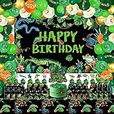 KEFAN Reptile Party Decorations Balloon Garland Arch Set, Wildlife Lizards Snakes Crocodiles Party Party Supplies, including Backdrop, Gift Bags, Tablecloth, Balloons, Cake toppers, Foil Balloons