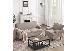 HUIMO 2 Piece Living Room Furniture Sets with Loveseat Sofa and Accent Chair, Upholsteded Loveseat Couch with Rivet, Mid Century Modern Couch, Comfy Living Room Chairs (Brown)