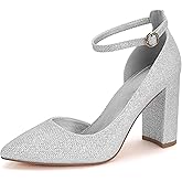 Women's Closed Toe Pumps 3-Inch Chunky Heels Pumps Ankle Strap Dress Wedding Shoes