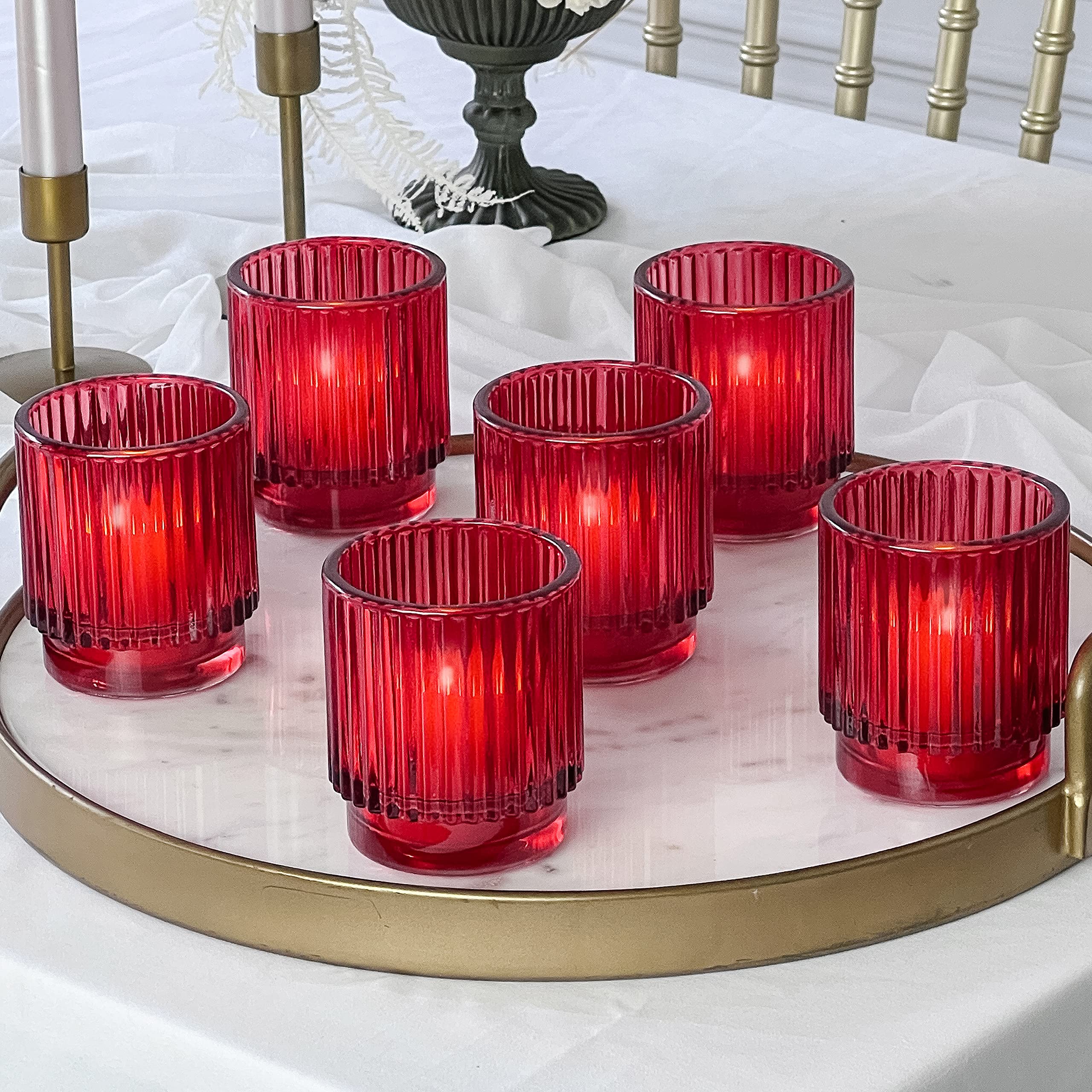 Photo 1 of Kate Aspen Vintage Ribbed Red Glass Tealight & Votive Candle Holders (Set of 6), Fall Decor, Boho Decor, Shelf Decoration (27206RD)