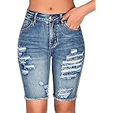 roswear Womens Ripped Stretchy Long Jean Shorts Mid Rise Frayed Cut Off Bermuda Shorts