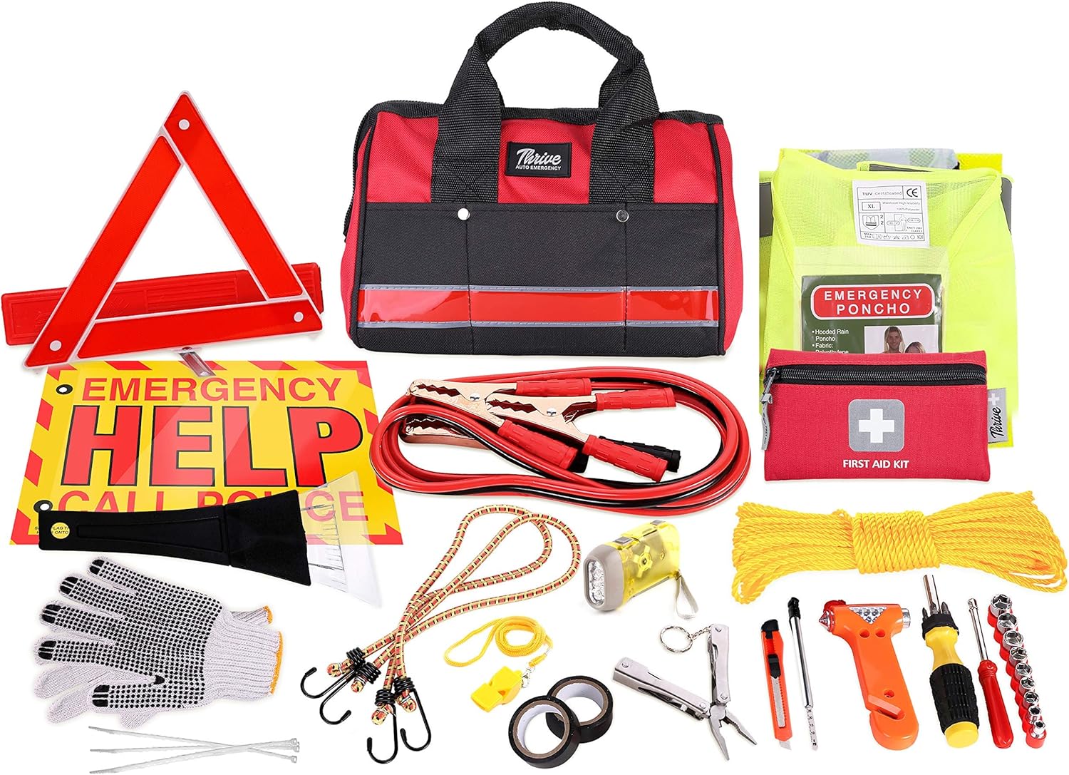 Thrive Auto Emergency Kit + First Aid Kit – Car Accessories Roadside Assistance & Survival Rugged Tool Bag with Jumper Cables, Reflective Safety Triangle and More - Cars Travel & Tow Essentials: Health & Personal Care