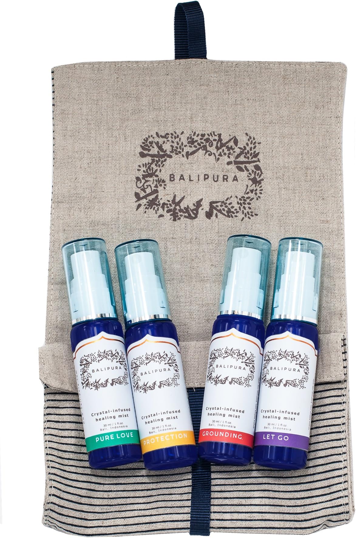BALIPURA Healing Crystals Aura Sprays with Essential Oil Blend Gift Set: “Pure Love”, “Protection”, “Let Go” & “Grounding”. Handmade in Bali. 4 x 30 ml/1 fl.oz in a Linen Bag