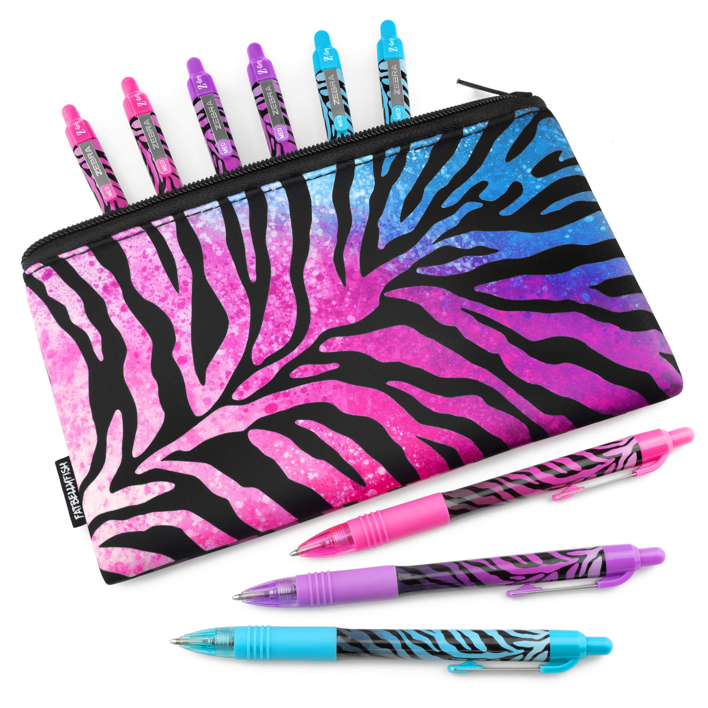 Zebra Z-Grip Smooth - Limited Edition Funky Flame Design - Pack of 9 Assorted Ink Pens with Matching Pencil Case