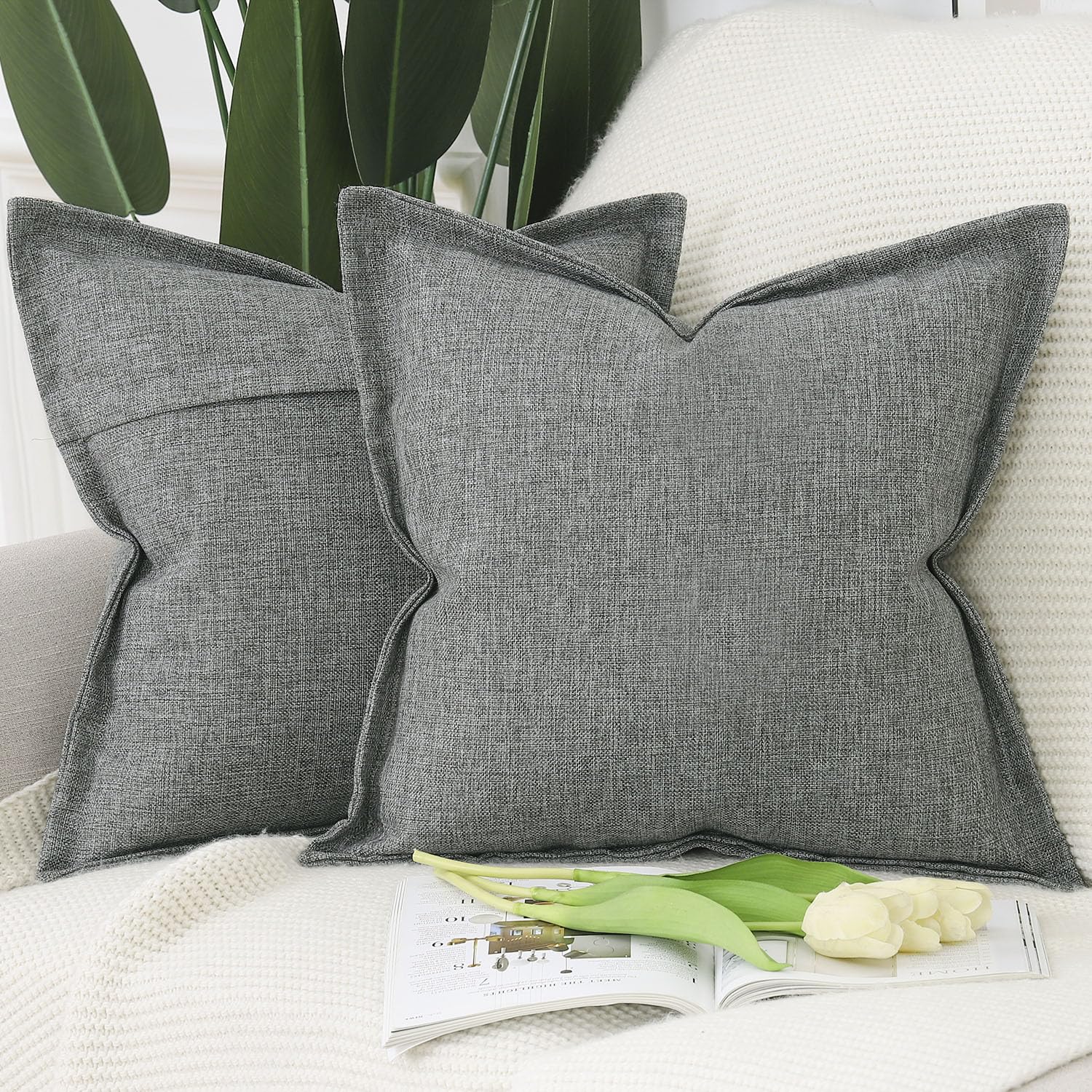 Madizz Set of 2 Faux Linen Cushion Covers with Broad Edge Soft Boho Decorative Pillow Cases for Sofa Bedroom Modern Pillow Shell 18x18 inch, 45x45 cm Grey
