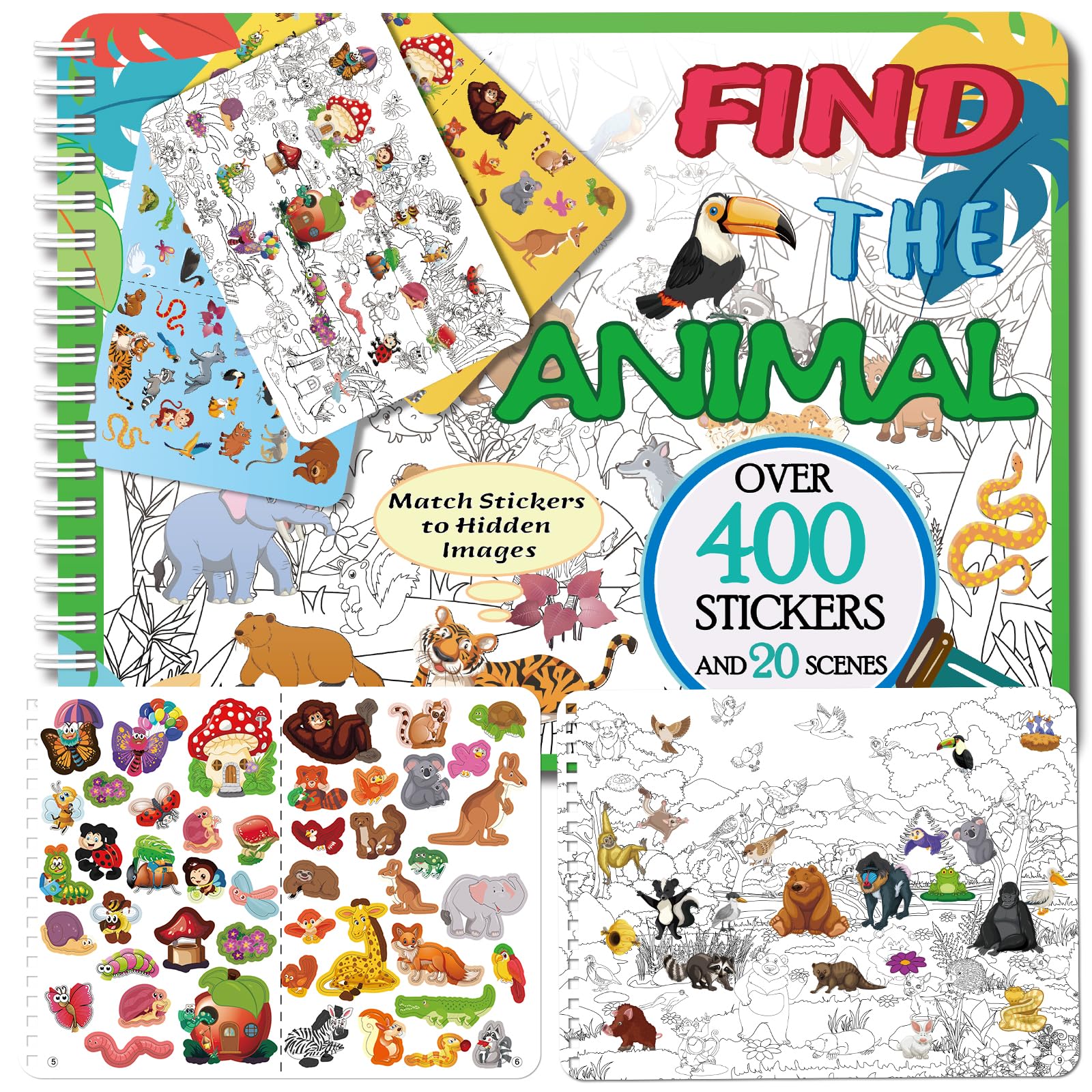 Kalysky 450+ Animals Stickers for Children, Find the Animals Sprial Bound Sticker Book with 20 Scence Combine Search Fun and Colouring, Kids Stickers Activity Book for Travel — image 1
